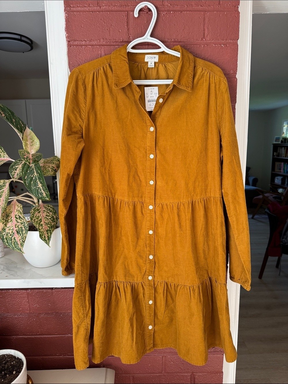 J. Crew NWT Mustard Yellow 100% Cotton Corduroy Tiered Button-Front Dress Size 8
